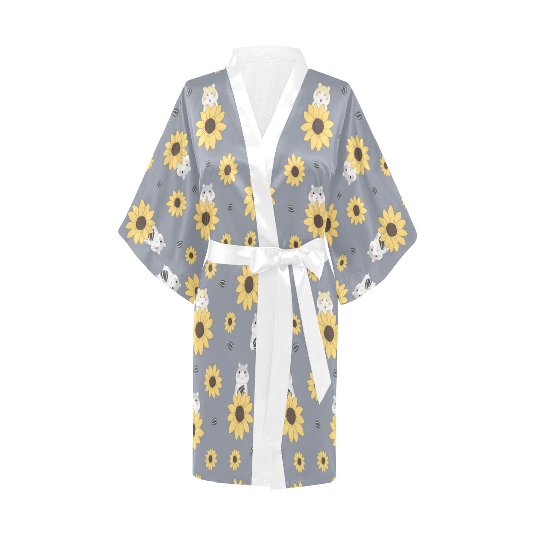 Cute hamster sunflower pattern background Women's Short Kimono Robe