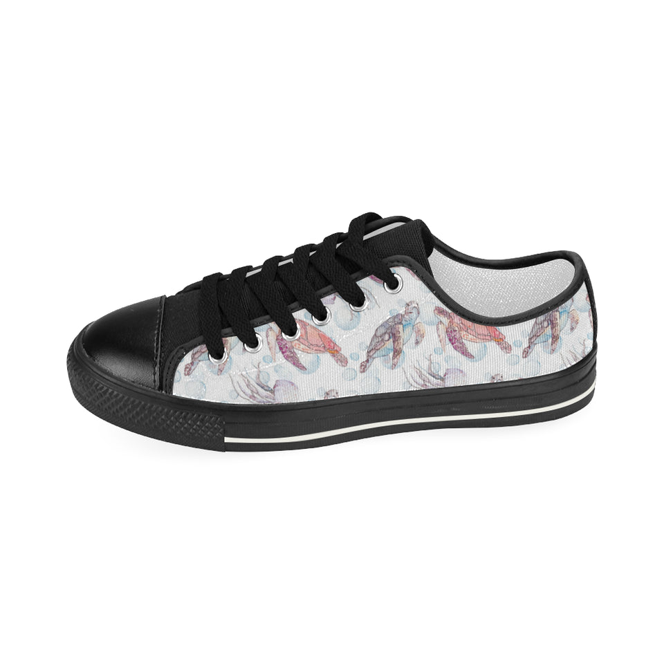 Watercolor sea turtle jellyfish pattern Women's Low Top Canvas Shoes Black