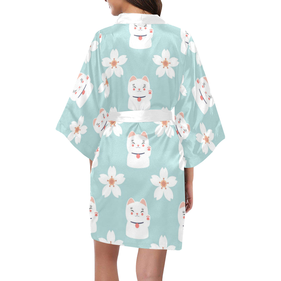 Maneki neko cat sakura Women's Short Kimono Robe