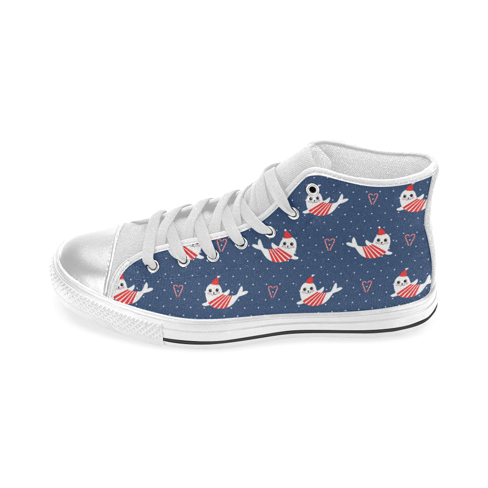 Cute sea lion seal christmas hat candy cane heart Women's High Top Canvas Shoes White