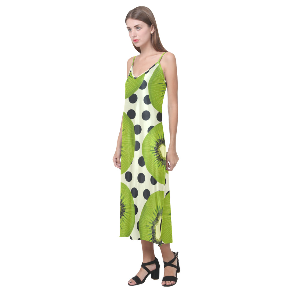 kiwi black dot background V-Neck Open Fork Long Dress