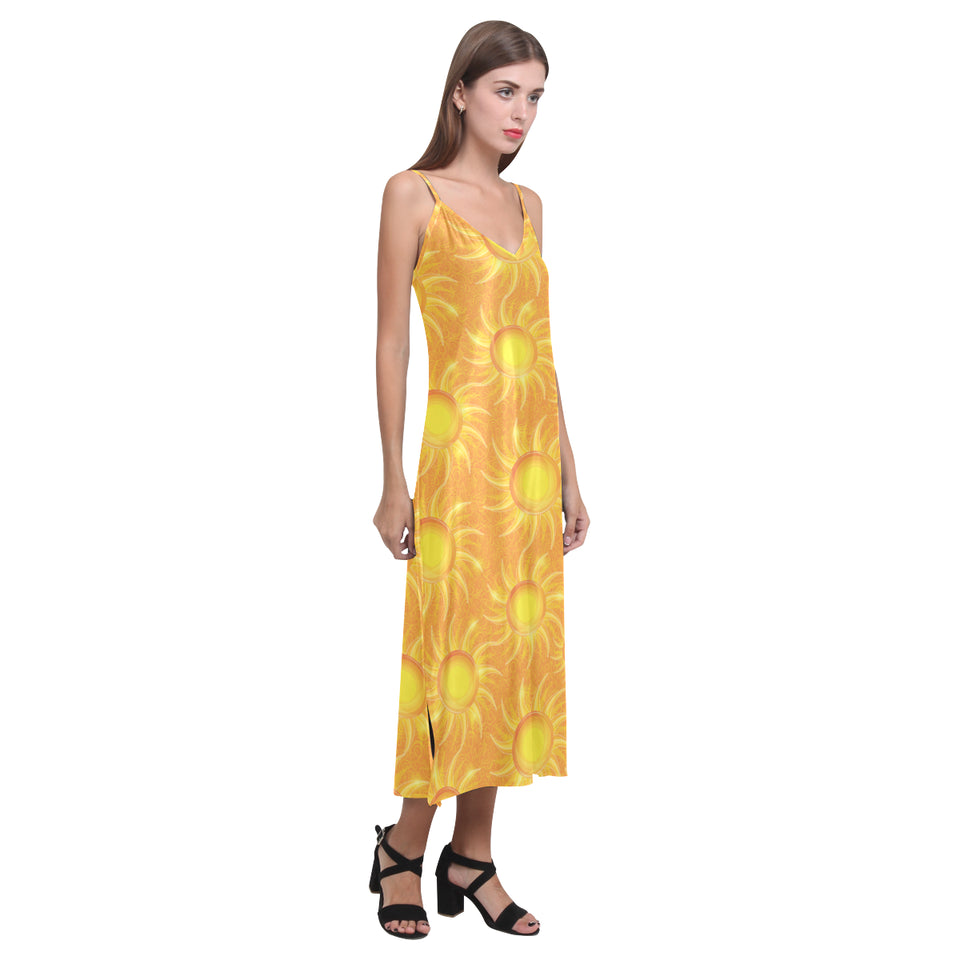 Sun orange background V-Neck Open Fork Long Dress