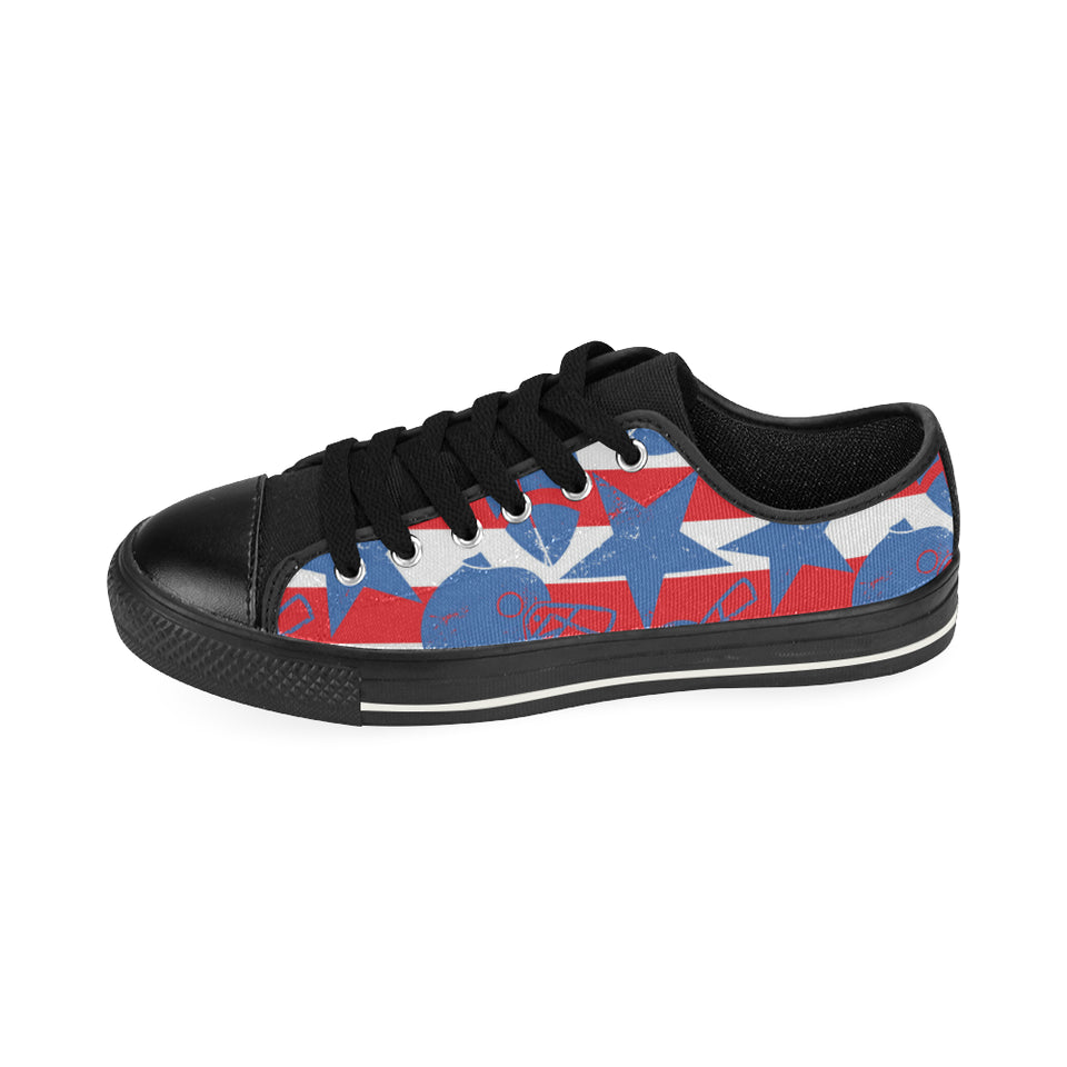 American football ball star stripes pattern Men's Low Top Canvas Shoes Black