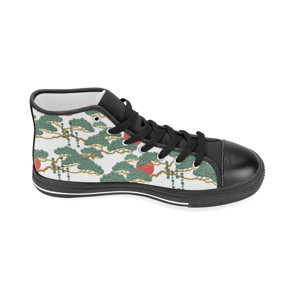 Bonsai red sun japanese pattern Women's High Top Canvas Shoes Black