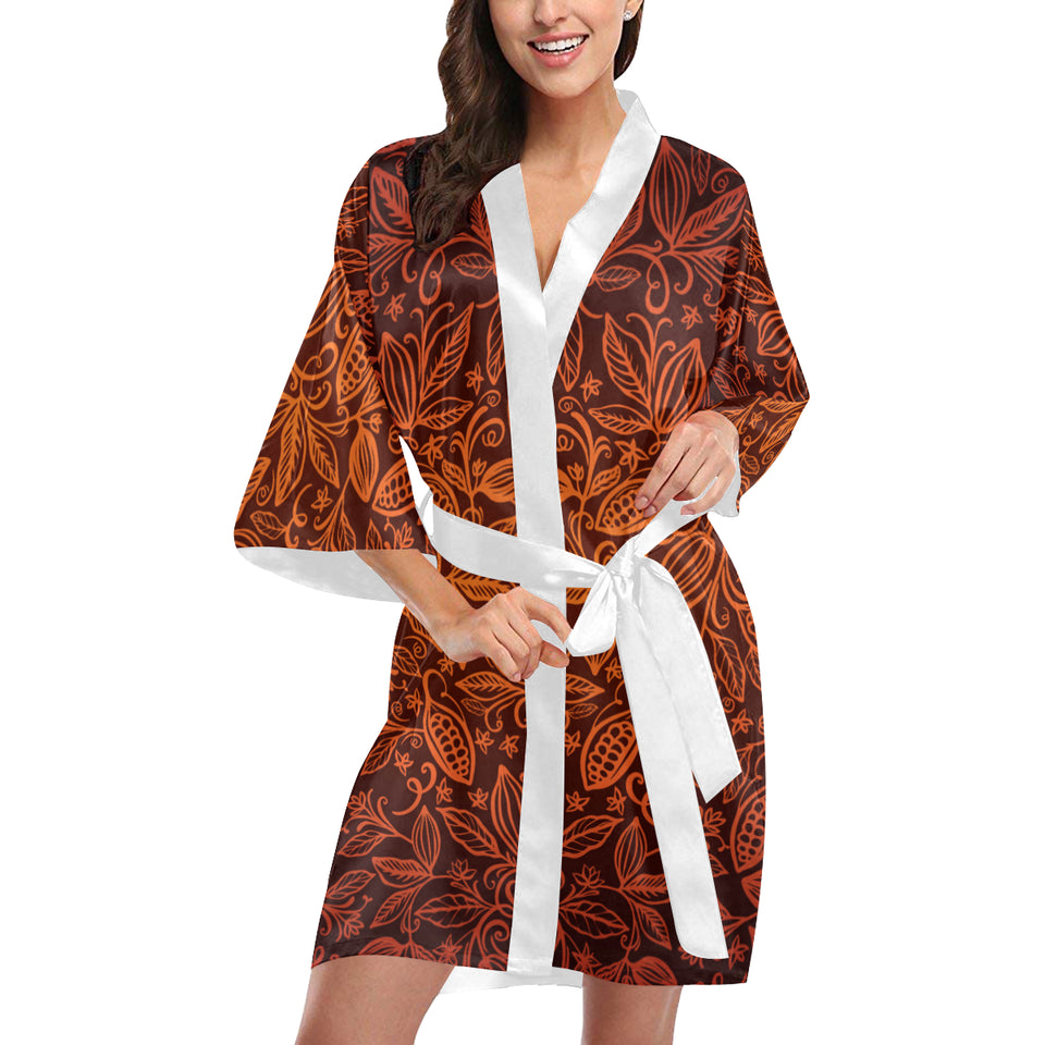 cacao beans tribal polynesian pattern Women's Short Kimono Robe