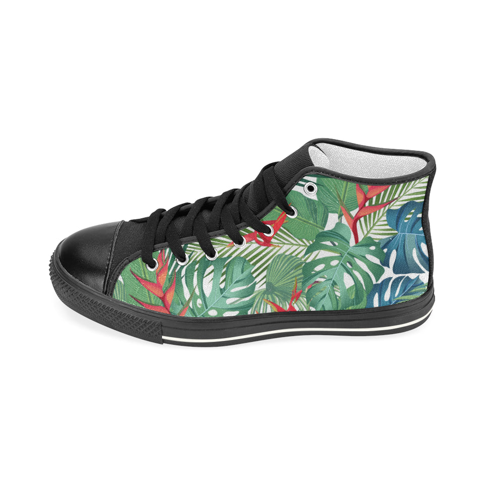 heliconia palm and monstera  leaves pattern Women's High Top Canvas Shoes Black
