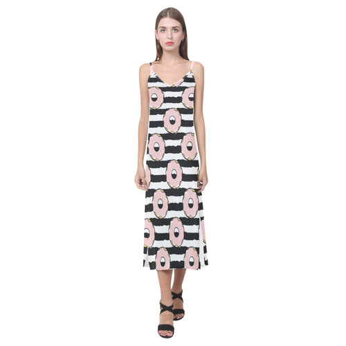 Donuts pink icing striped pattern V-Neck Open Fork Long Dress