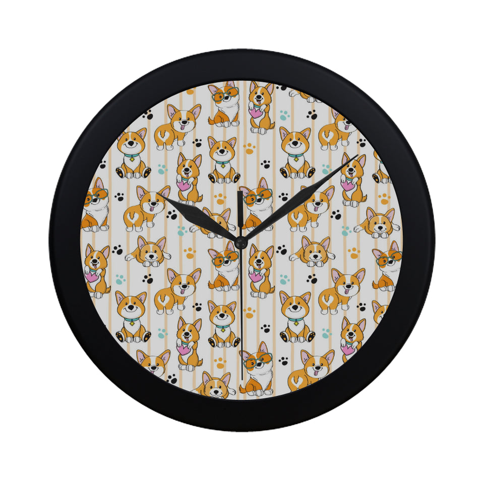 Cute dog corgi striped background pattern Elegant Black Wall Clock