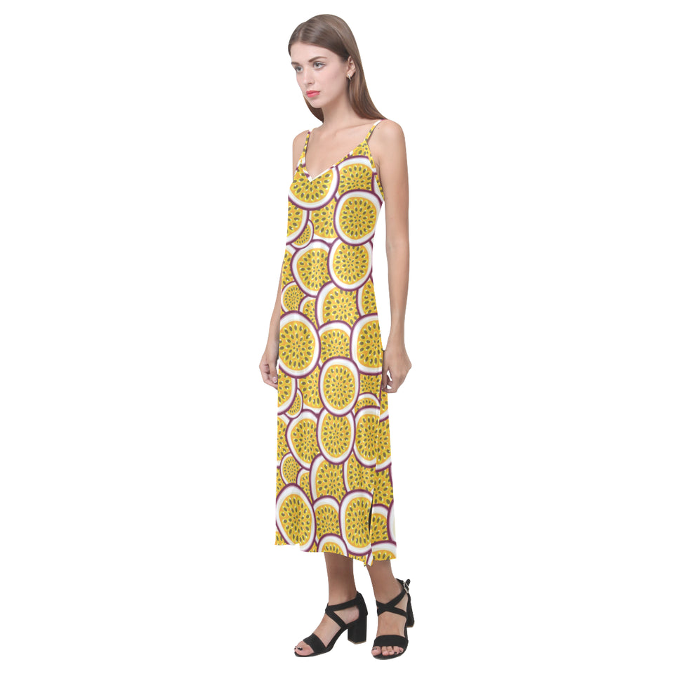 Passion fruits slice pattern V-Neck Open Fork Long Dress