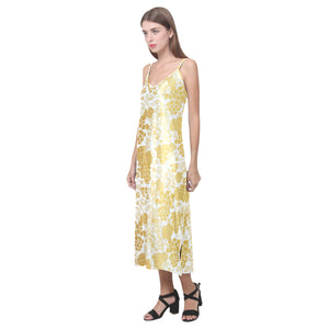 Gold grape pattern V-Neck Open Fork Long Dress