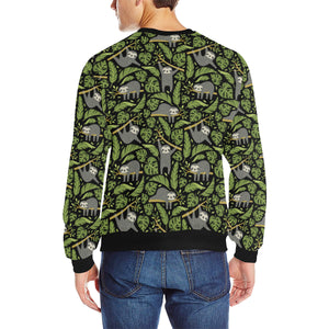 Cute sloths tropical palm leaves black background Men's Crew Neck Sweatshirt