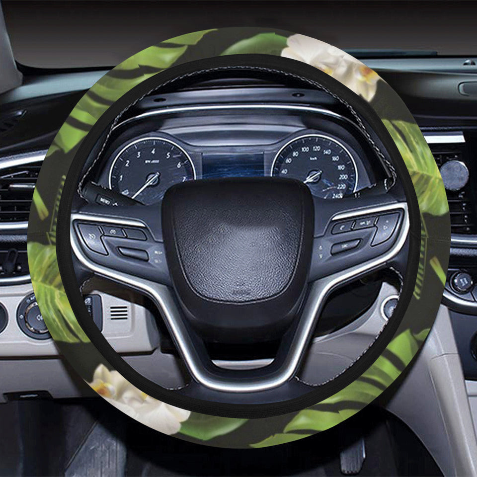 White orchid flower tropical leaves pattern blackg Car Steering Wheel Cover