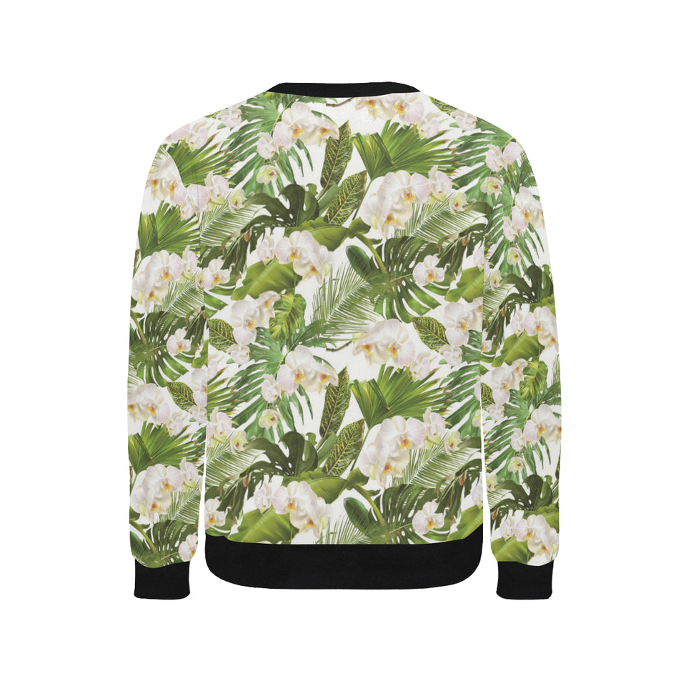 White orchid flower tropical leaves pattern Men's Crew Neck Sweatshirt