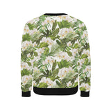 White orchid flower tropical leaves pattern Men's Crew Neck Sweatshirt