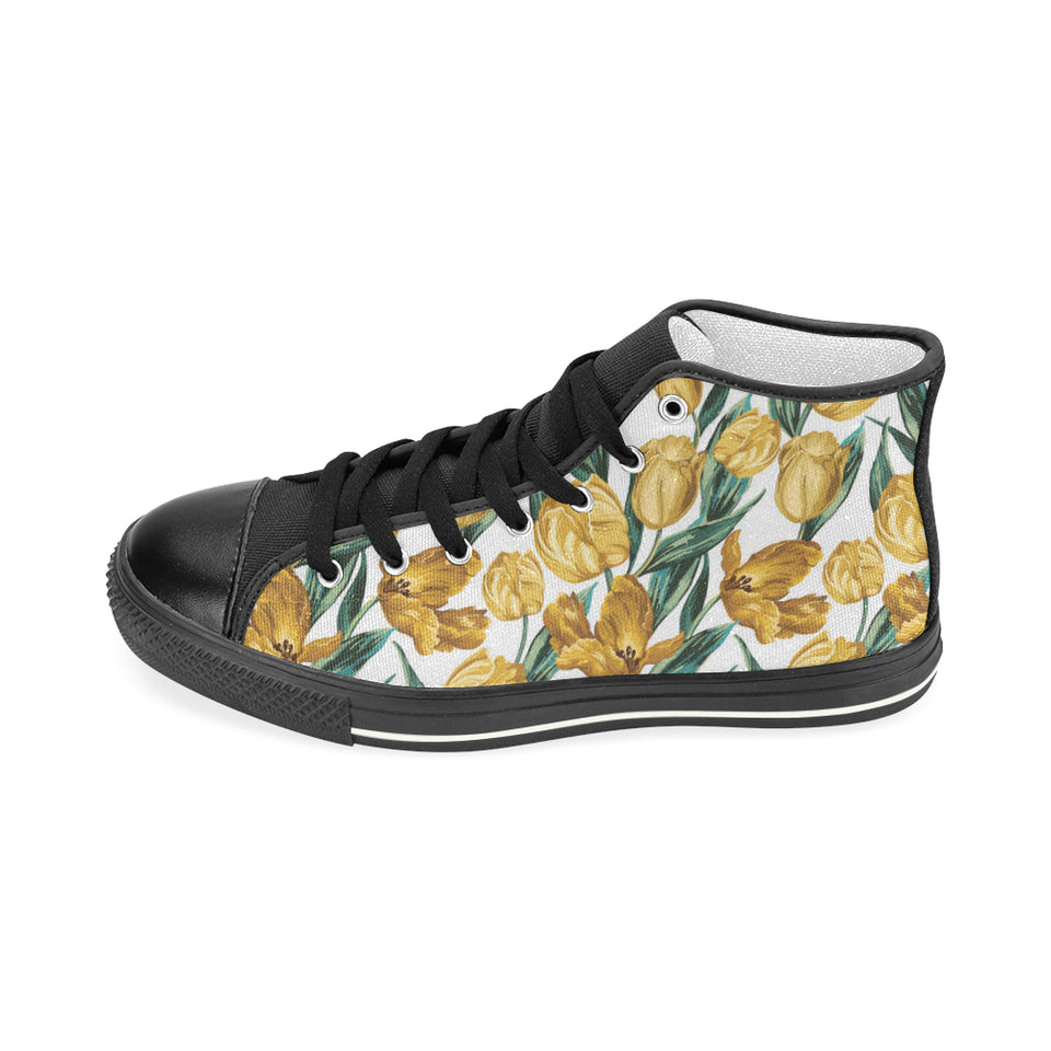 yellow tulips pattern Women's High Top Canvas Shoes Black