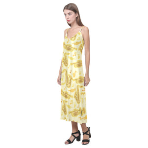 Saxophone cornet pattern yellow background V-Neck Open Fork Long Dress