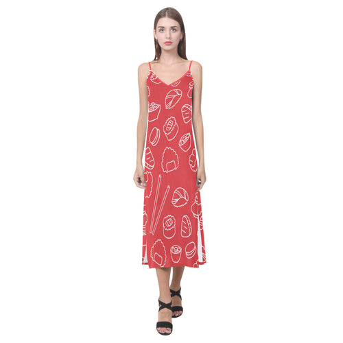 sushi pattern red background V-Neck Open Fork Long Dress