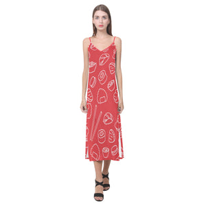 sushi pattern red background V-Neck Open Fork Long Dress