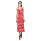 sushi pattern red background V-Neck Open Fork Long Dress