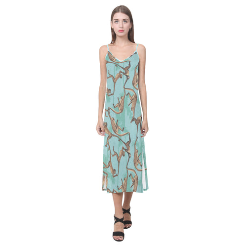 Monkey Palm tree background V-Neck Open Fork Long Dress
