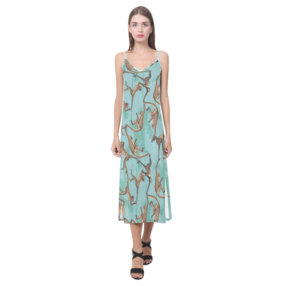 Monkey Palm tree background V-Neck Open Fork Long Dress