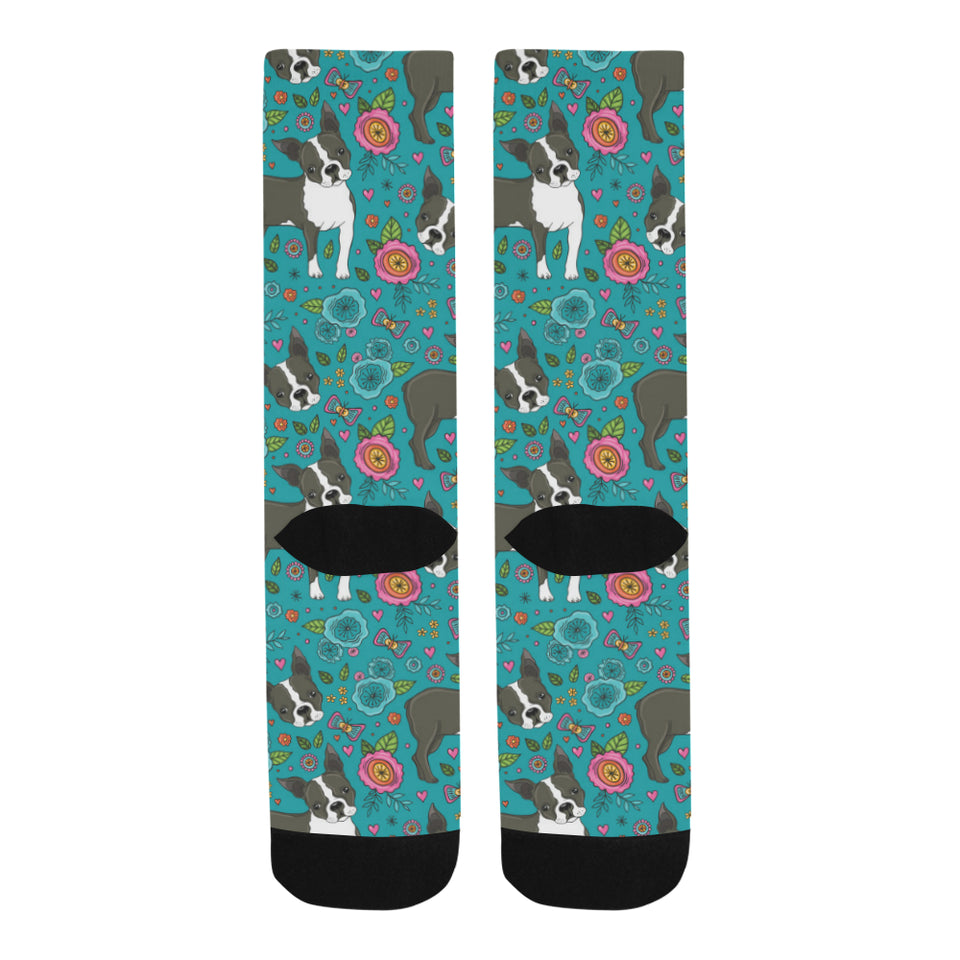 Boston terrier beautiful flower pattern Crew Socks