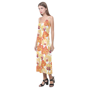 Orange yellow orchid flower pattern background V-Neck Open Fork Long Dress