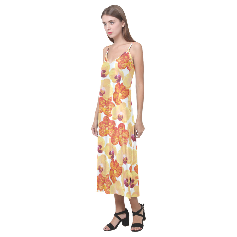 Orange yellow orchid flower pattern background V-Neck Open Fork Long Dress
