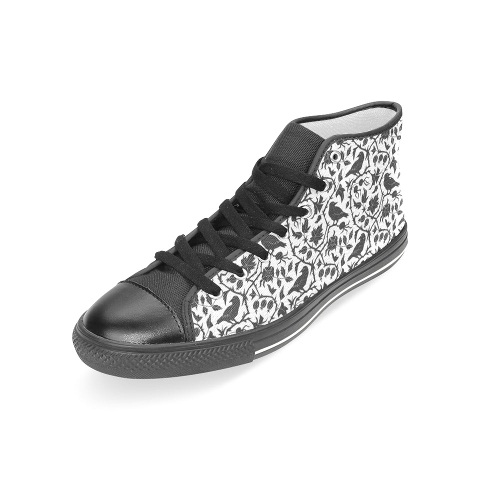 Crow dark floral pattern Women's High Top Canvas Shoes Black