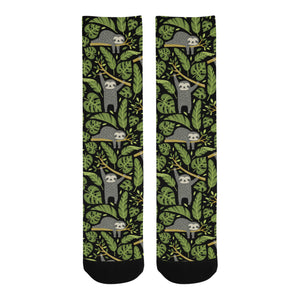 Cute sloths tropical palm leaves black background Crew Socks