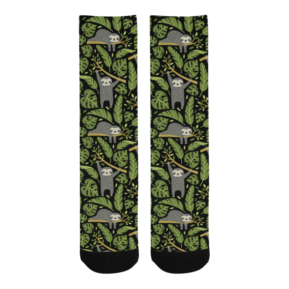 Cute sloths tropical palm leaves black background Crew Socks