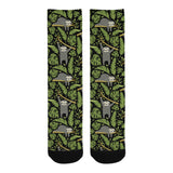 Cute sloths tropical palm leaves black background Crew Socks