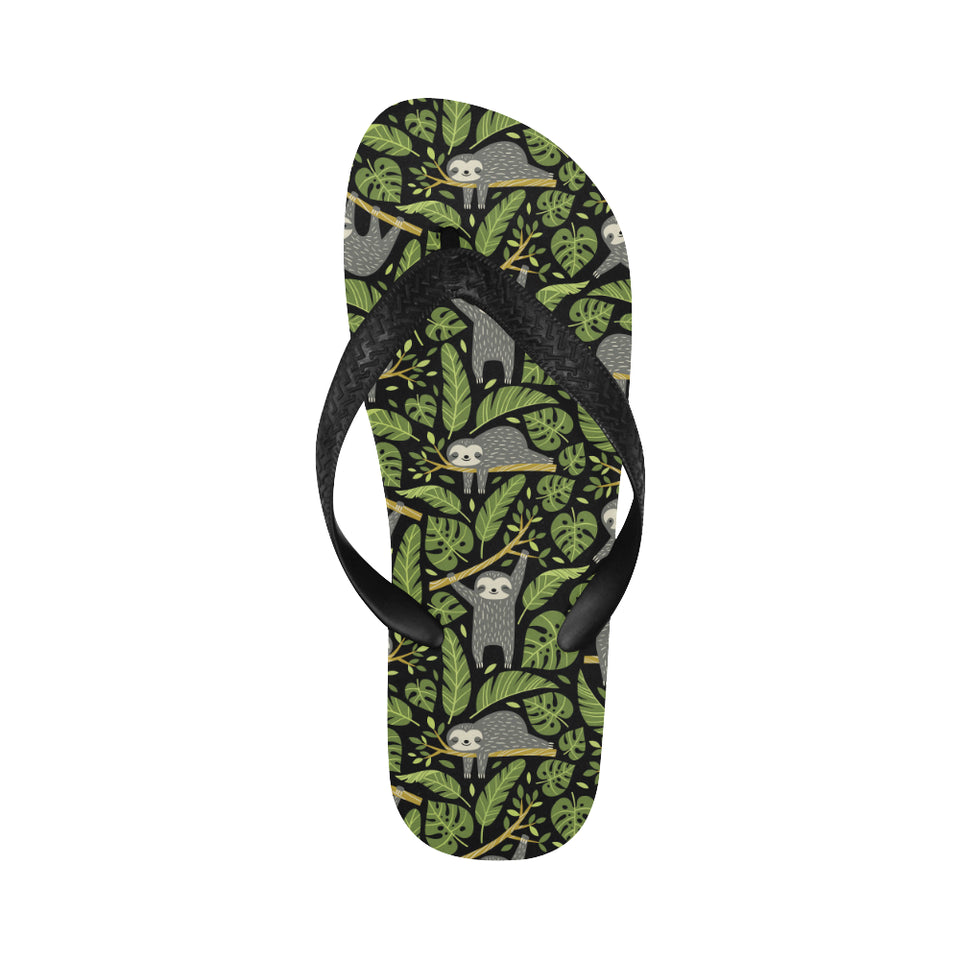 Cute sloths tropical palm leaves black background Unisex Flip Flops