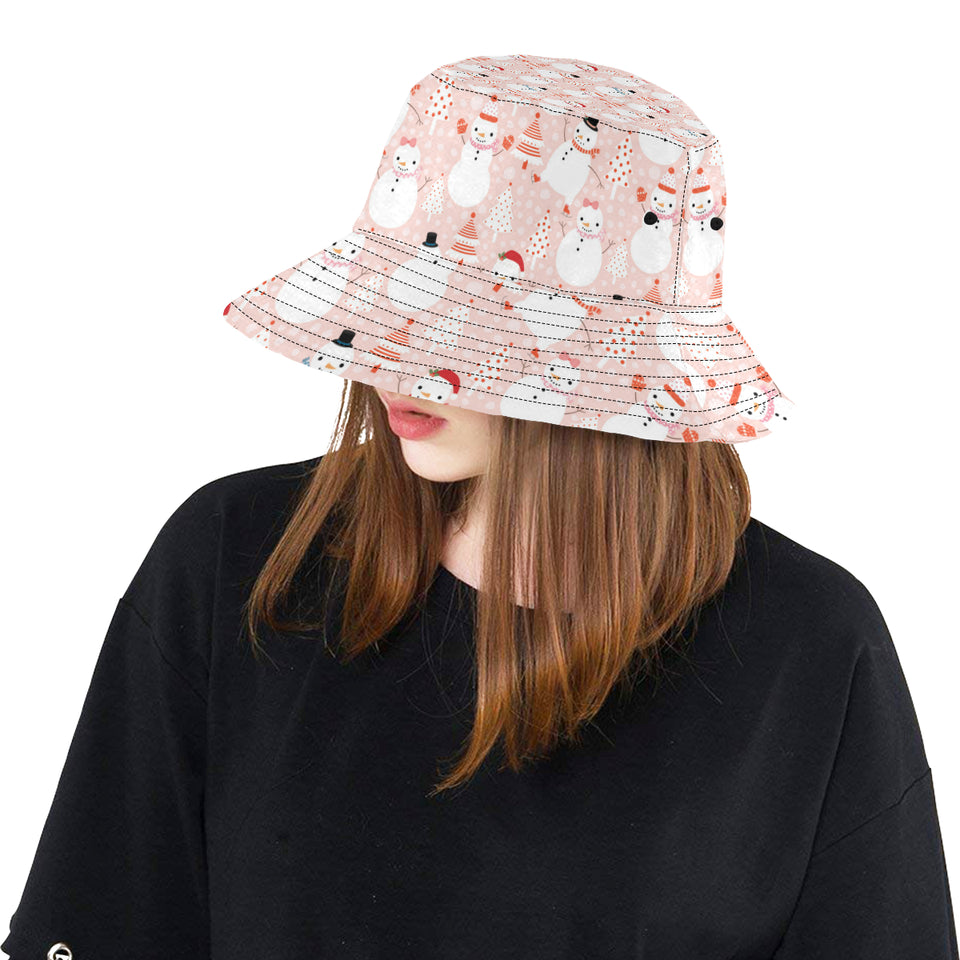 Cute snowman christmas tree snowpink background Unisex Bucket Hat