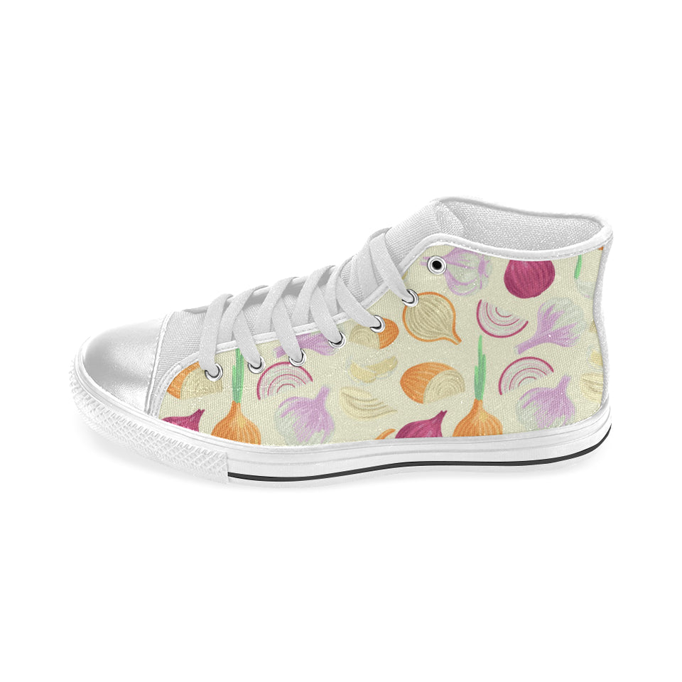 Onion garlic white red pattern Women's High Top Canvas Shoes White