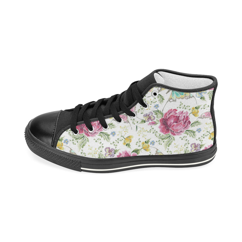 Hand drawn butterfly rose Women's High Top Canvas Shoes Black