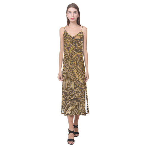 cacao beans tribal polynesian pattern background V-Neck Open Fork Long Dress