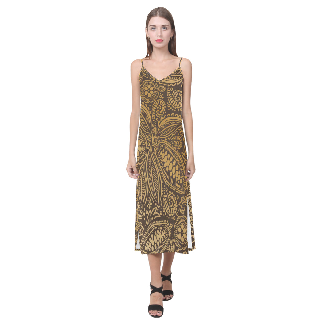 cacao beans tribal polynesian pattern background V-Neck Open Fork Long Dress
