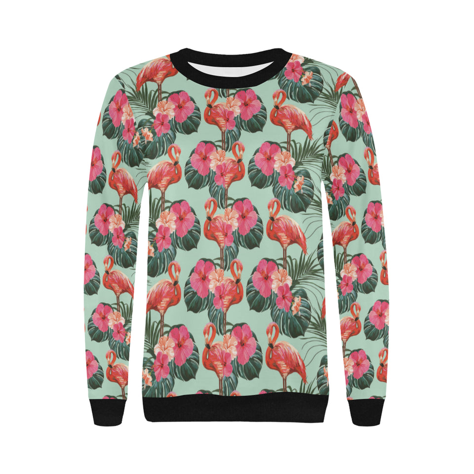 Beautiful flamingo tropical palm leaves hibiscus p Women's Crew Neck Sweatshirt