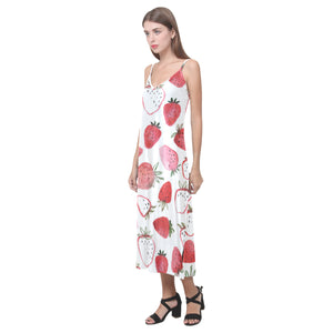 watercolor hand drawn beautiful strawberry pattern V-Neck Open Fork Long Dress