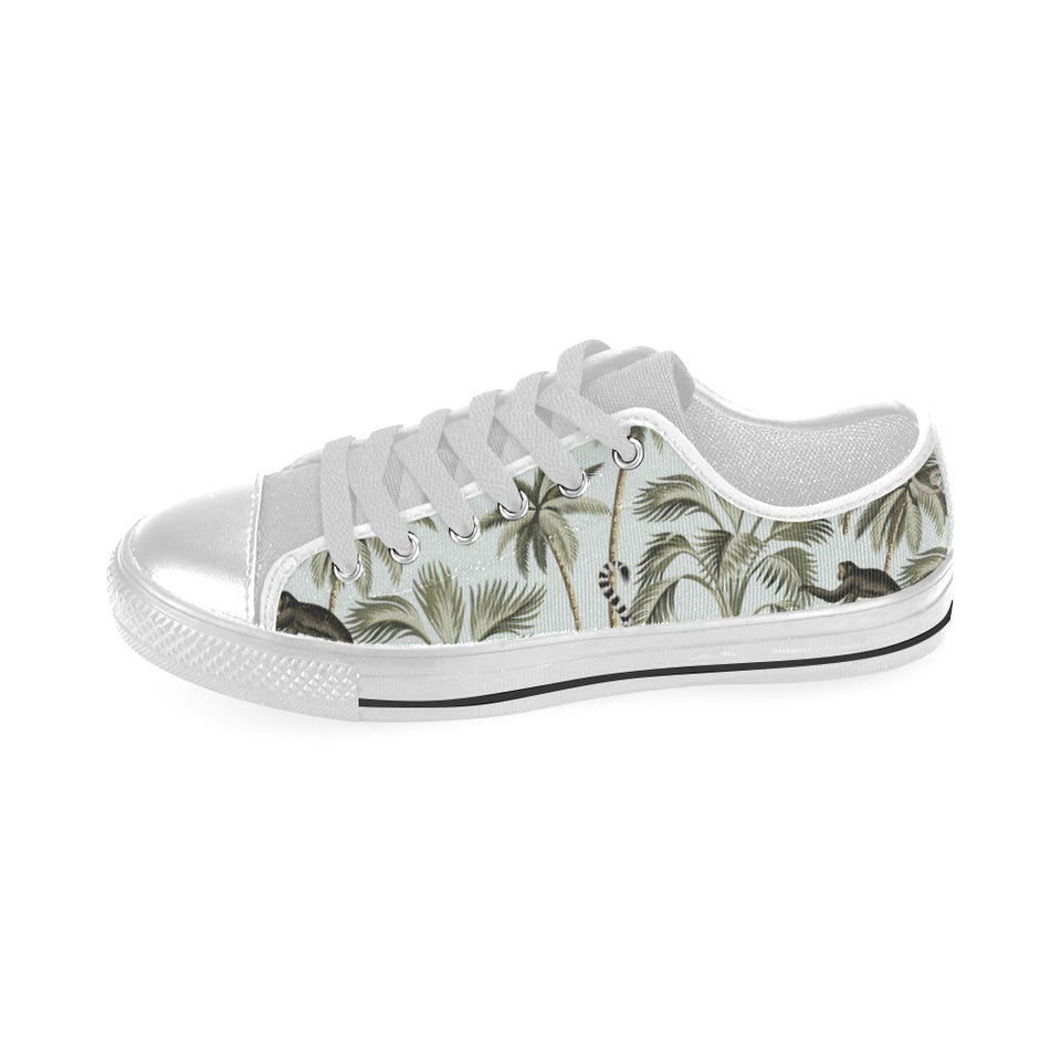 Monkey sloth lemur palm trees pattern Men's Low Top Canvas Shoes White