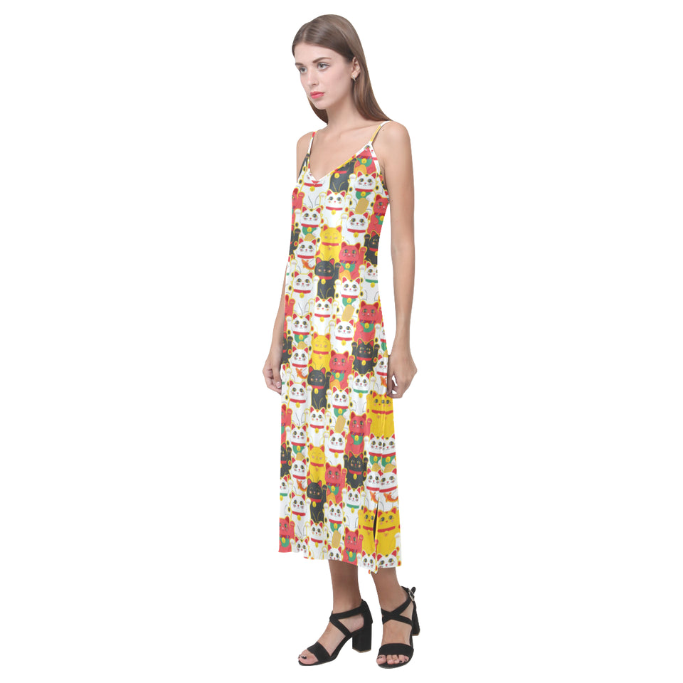 Colorful Maneki neko cat pattern V-Neck Open Fork Long Dress