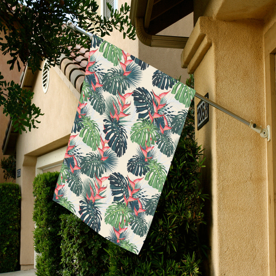 heliconia flowers, palm and monstera leaves House Flag Garden Flag