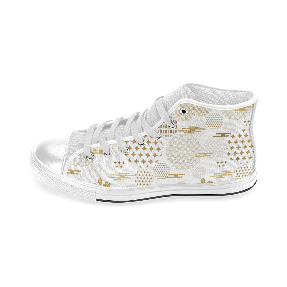 Beautiful gold japanese pattern Men's High Top Canvas Shoes White