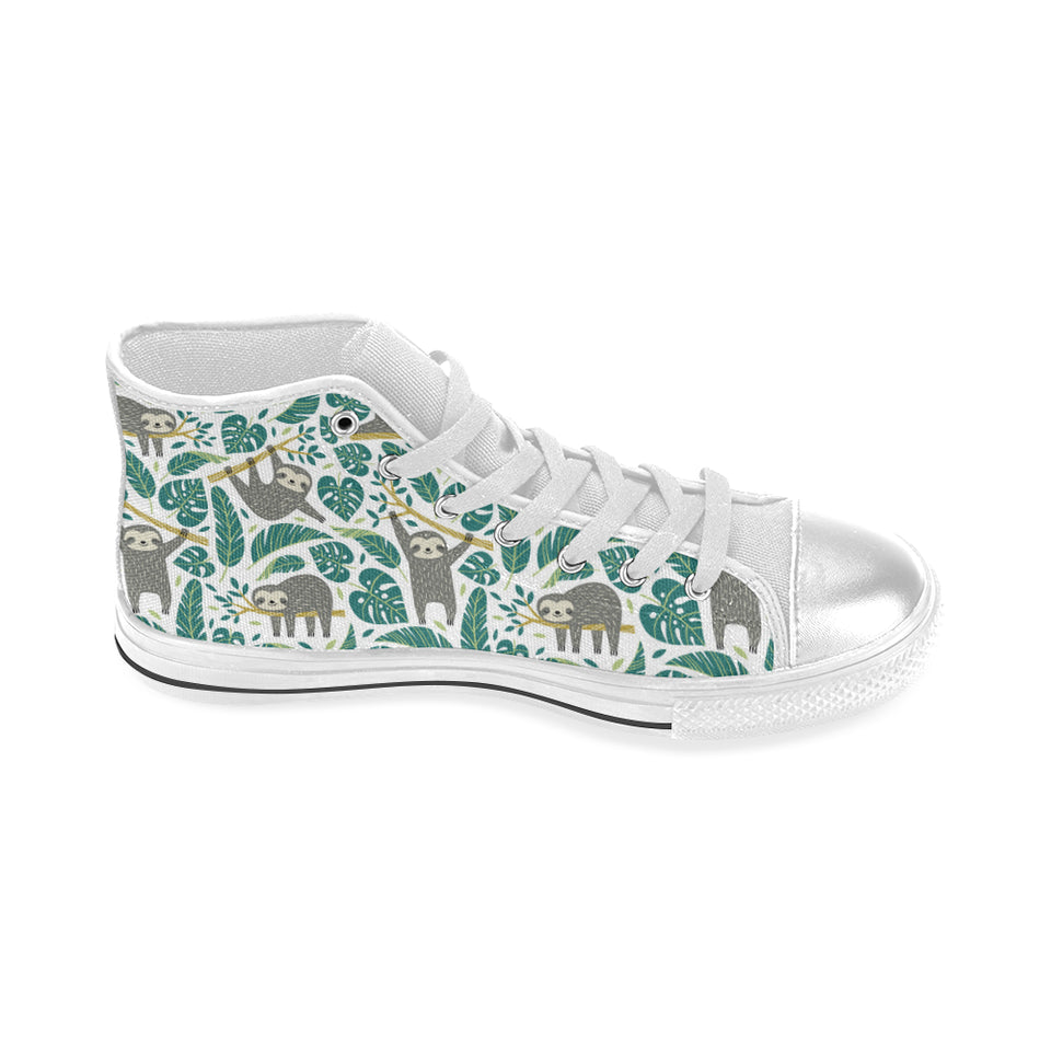 Cute sloths tropical palm leaves white background Women's High Top Canvas Shoes White