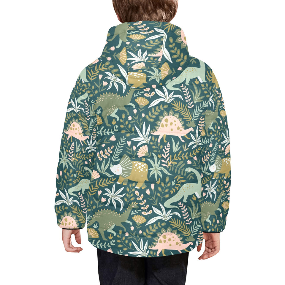 dinosaurs tropical leaves flower pattern Kids' Boys' Girls' Padded Hooded Jacket