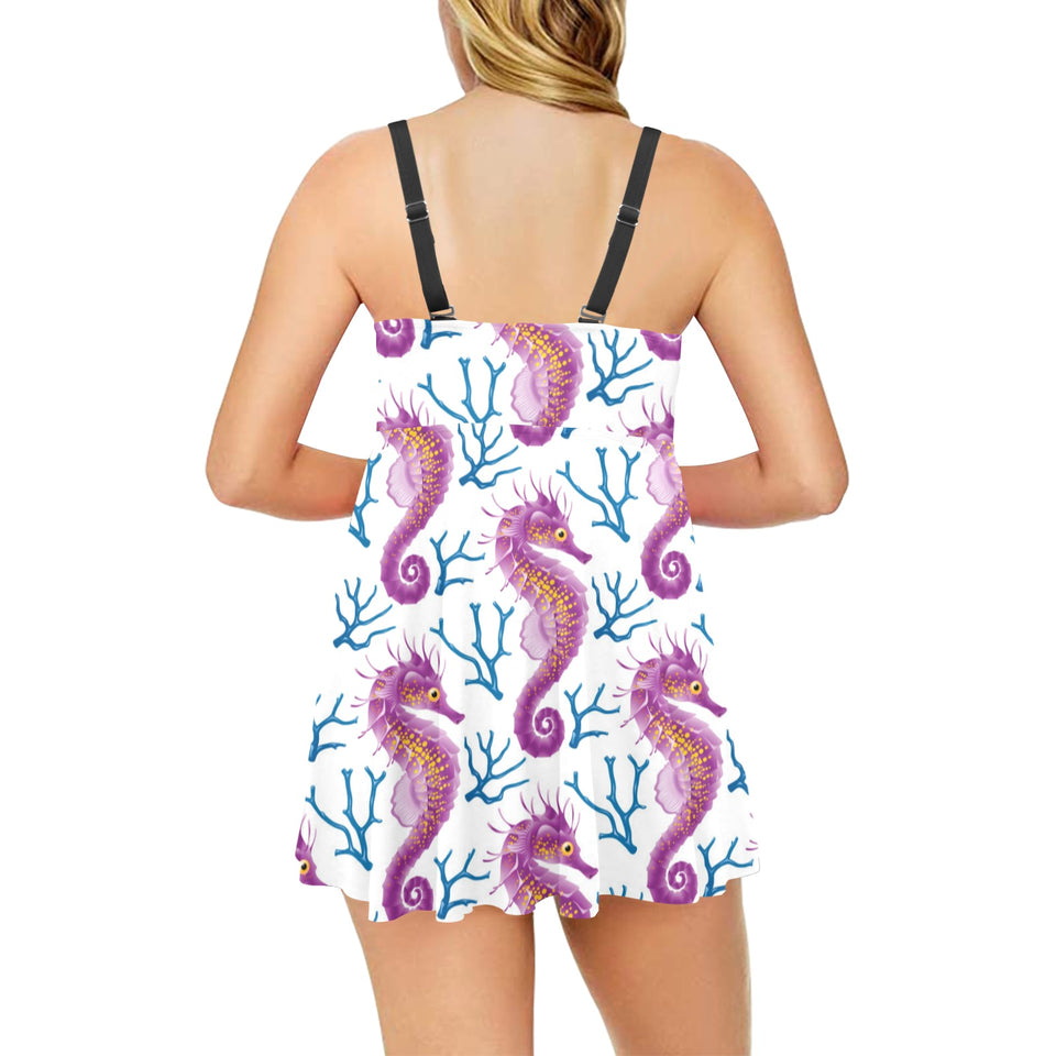 Purple seahorse blue coral pattern Chest Sexy Pleated Two Piece Swim Dress