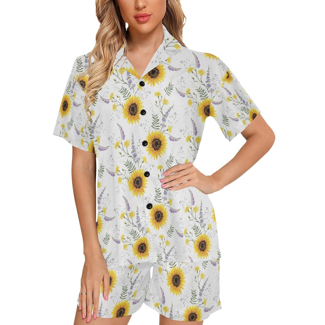 beautiful sunflowers pattern Women's V-Neck Short Pajama Set