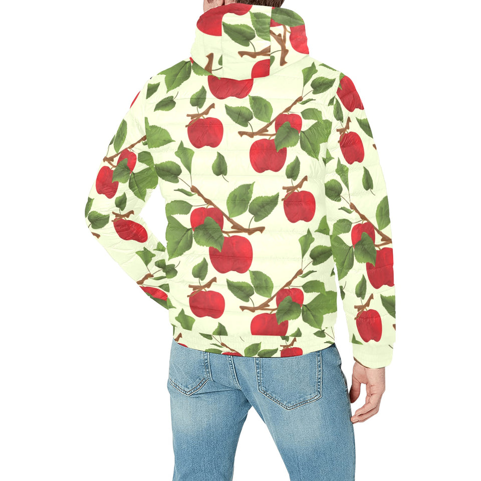 Red apples leaves pattern Men's Padded Hooded Jacket