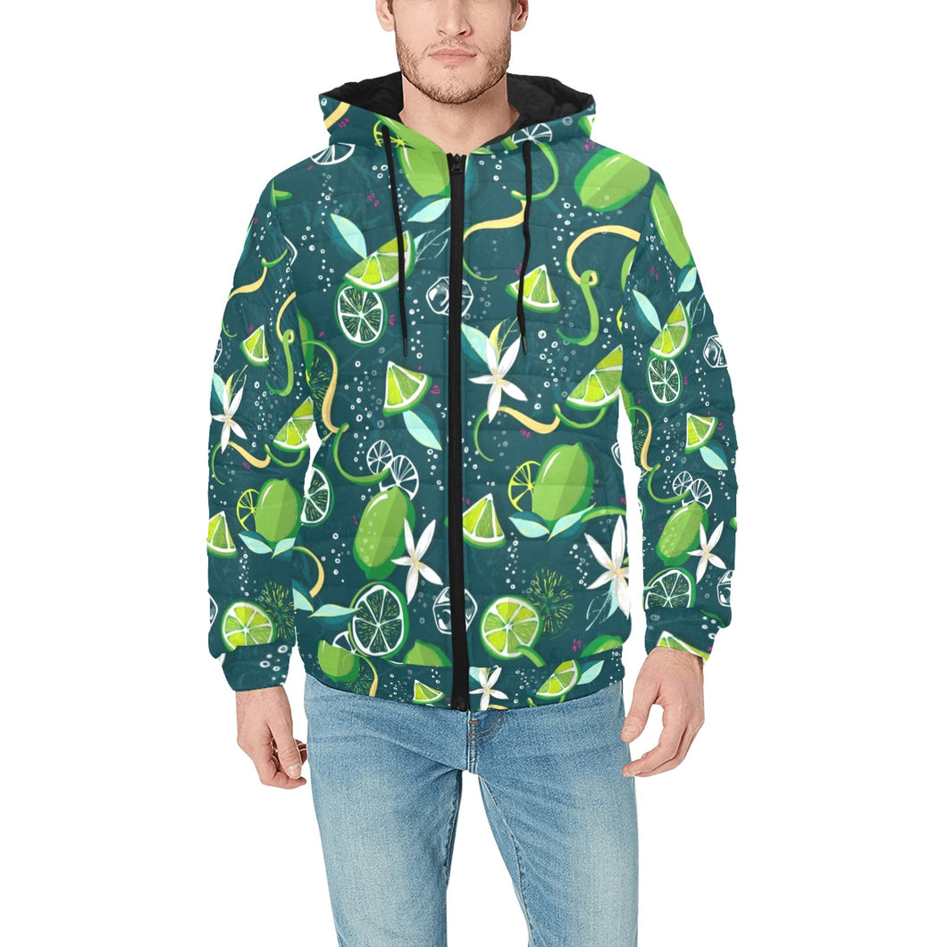 Lime ice flower pattern Men's Padded Hooded Jacket